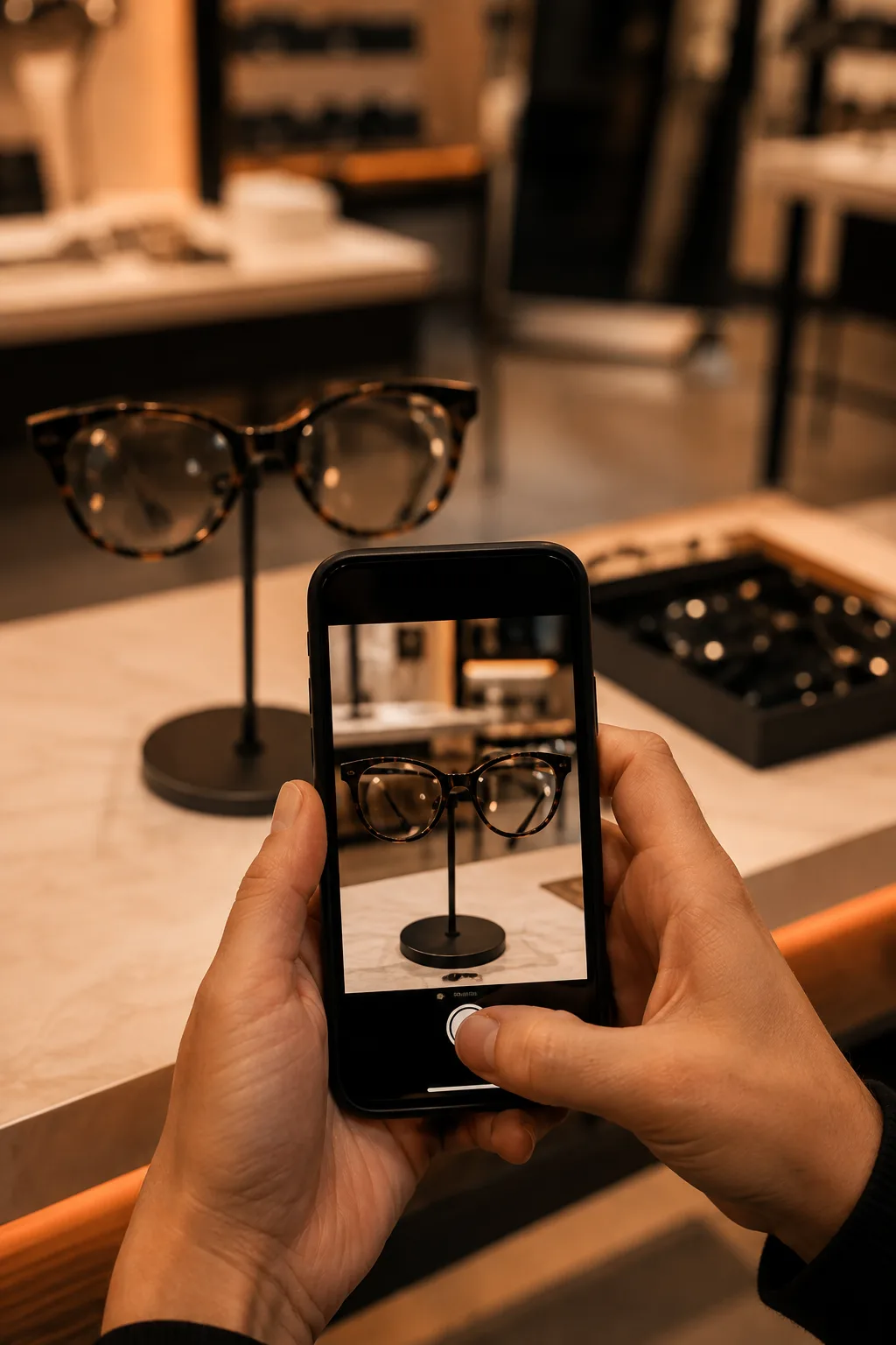Mão segurando smartphone fotografando uma armação sobre a bancada da ótica