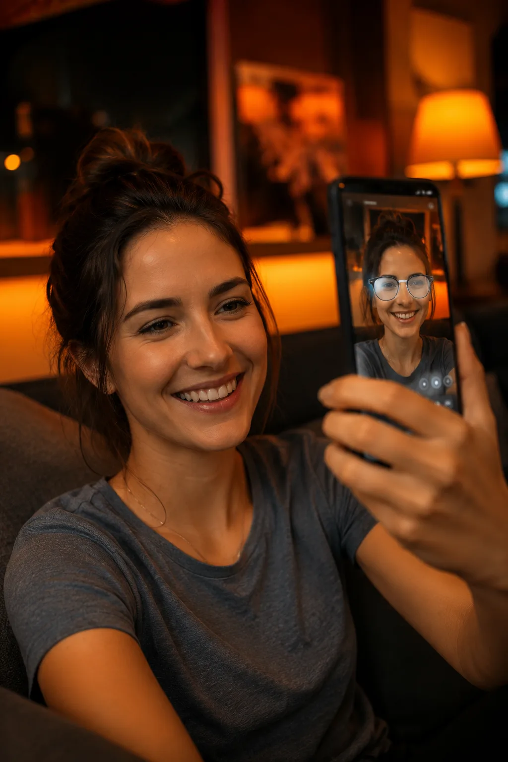Cliente sorrindo ao usar o provador virtual no celular, com a armação sobreposta ao rosto na tela