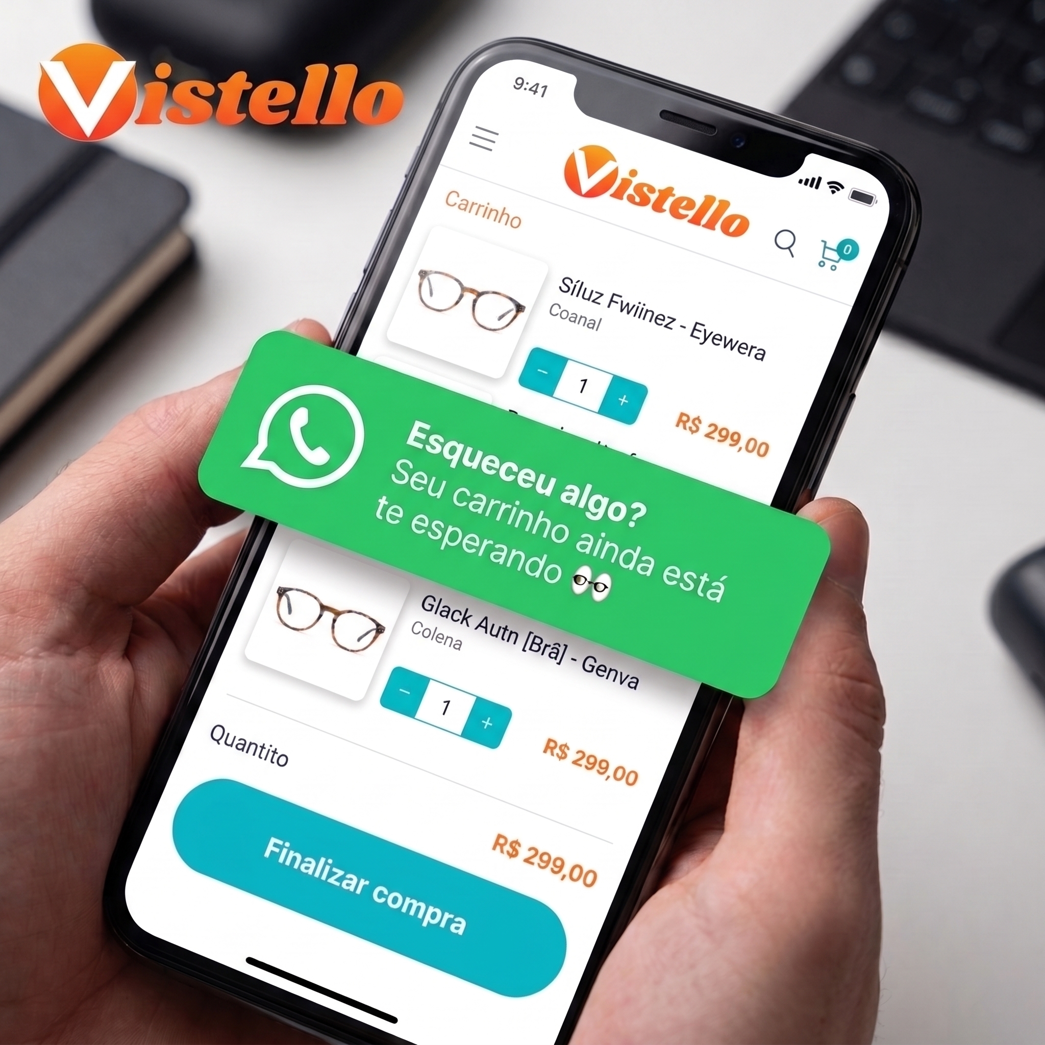 Notificação de carrinho abandonado da Vistello no WhatsApp, sobre o carrinho do cliente