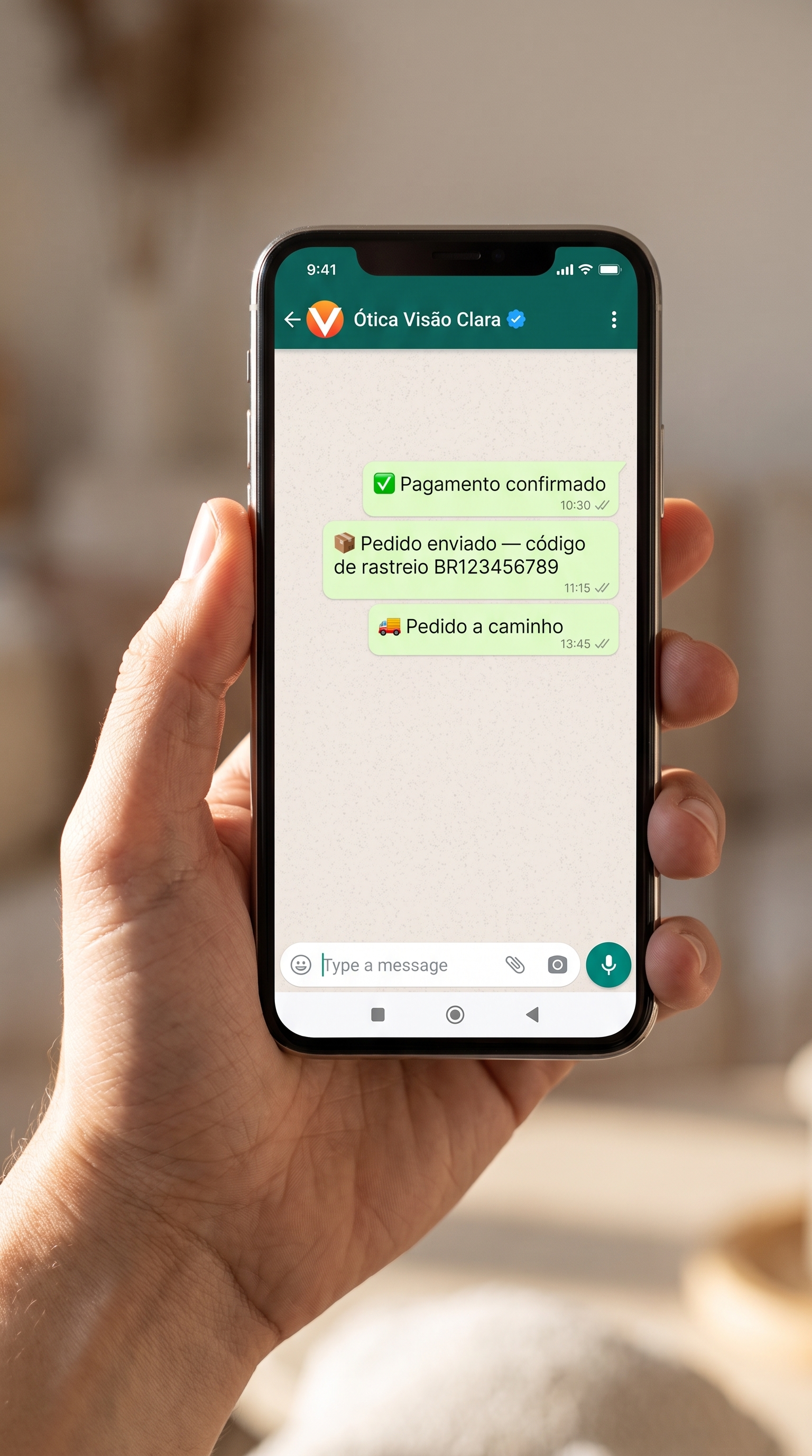 Histórico de mensagens de status de pedido no WhatsApp: pagamento confirmado, pedido enviado, pedido a caminho